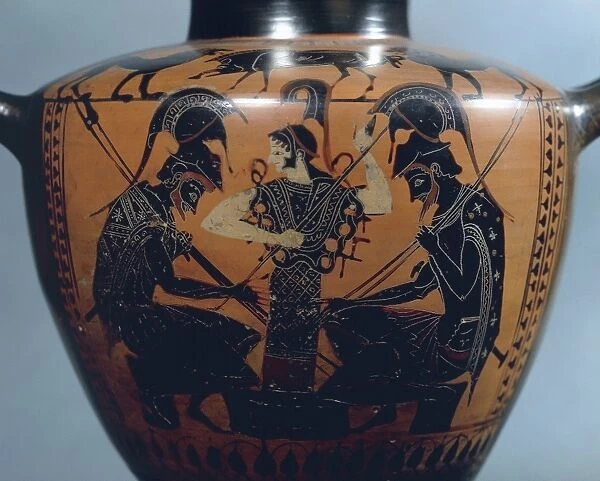 Black-figure pottery, Hydria by Euphiletos Painter depicting Achilles and Ajax playing dice before Athena, detail, circa 520 B. C