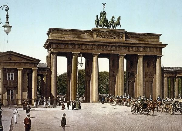 The Brandenburg Gate, Berlin, Germany 1890-1905, showing carriages with mounted