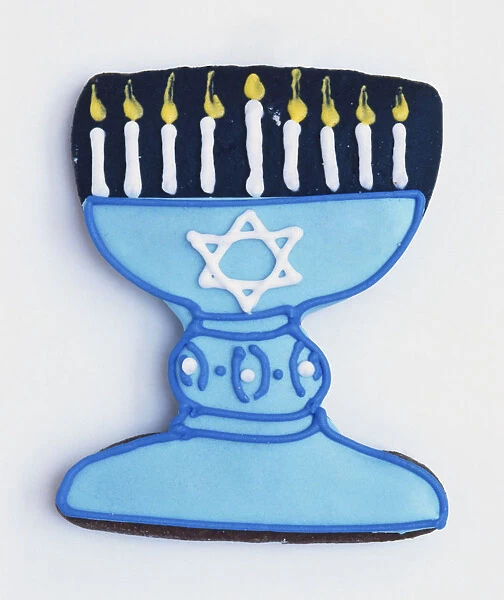 Cake decorated and shaped like a menorah, front view