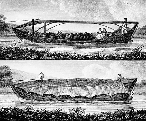Canal boat for passengers and freight with framework for tarpaulin (top) and boat