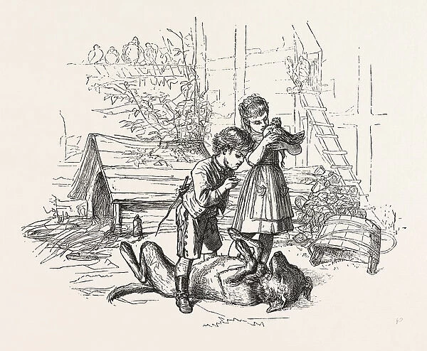 Caught in the Act, Boy, Girl, Chicken, Fox, Farm, Engraving 1876