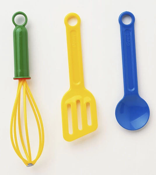 Childrens kitchen toy set, blue spoon, yellow fish slice, green and yellow whisk