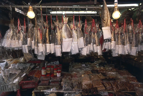 China, Hong Kong, Lantau Island, Tai O, cellophane-wrapped fish hanging in a fishing village shop display