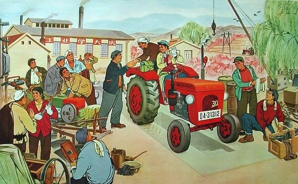 Chinese political poster depicting a group of collective farmers in Communist China