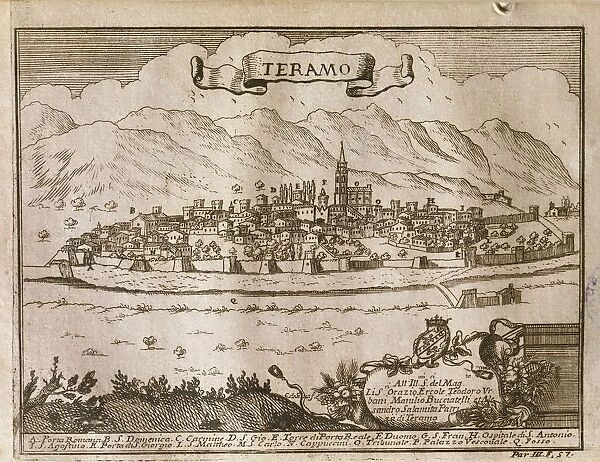 City of Teramo, Abruzzo Region, Engraving from Il Kingdom of Naples in perspective, by Giovan Battista Pacichelli, 1702