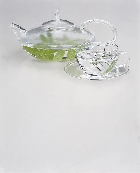 Clear glass teapot containing boiled lemon verbena leaves and clear glass cup containing sprig of rosemary in boiled water