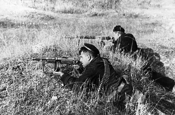 The defence of sevastopol, crimea, red navy automatic rifle men firing the enemy, in march 1942