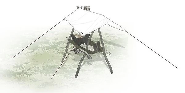 Digital composite illustration of man lying on poncho bed attached to A-frame with tarpaulin roof secured by guylines