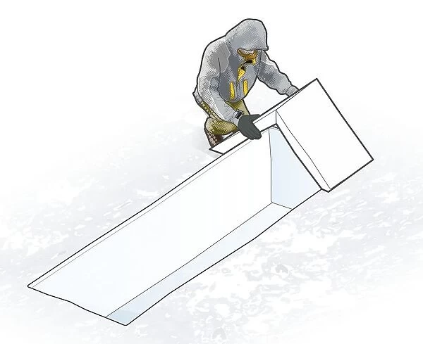 Digital composite illustration of man resting two blocks against each other at required angle for trench roof