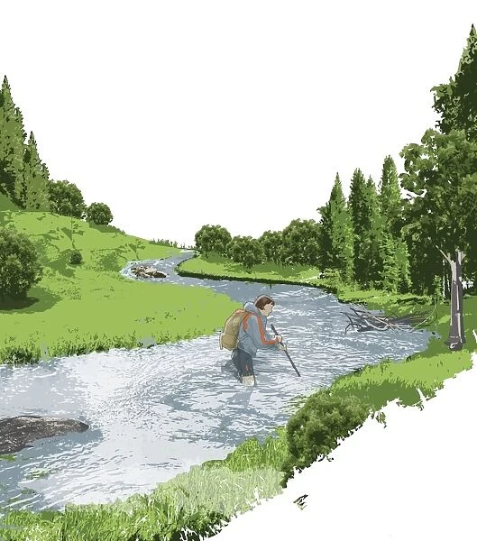 Digital illustration of female hiker safely crossing fast-flowing river using walking staff to asses depth