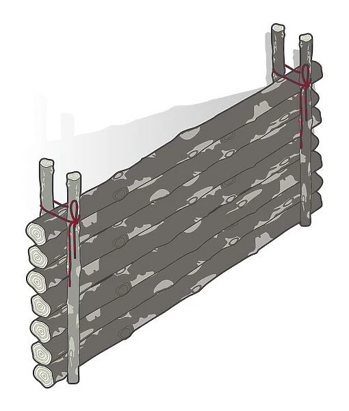 Digital illustration of part of fire reflector wall made of logs tied to upright branches