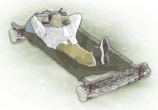 Digital illustration of man lying on modified poncho bed