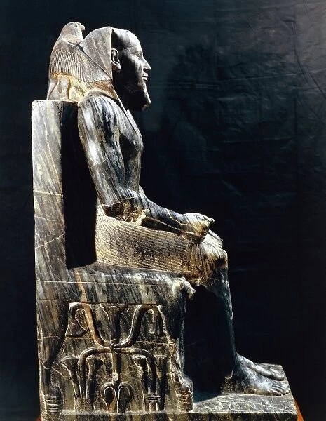Diorite statue of Pharaoh Khafre with his head wrapped in wings of falcon god Horus from Giza, Egypt, Old Kingdom, Dynasty IV