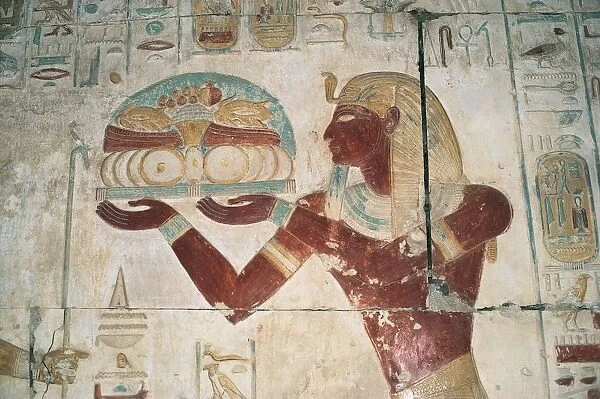 Egypt, Abydos, Temple of pharaoh Seti I, Osiris chapel, painted relief depicting offering bearer