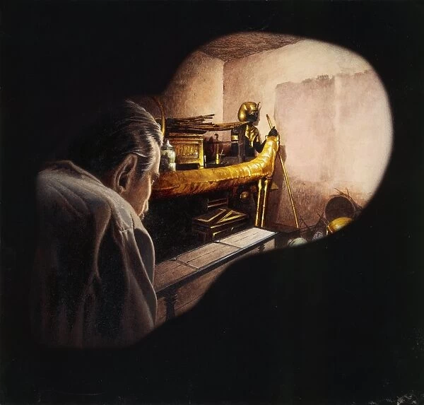 Egypt, Howard Carter enters burial chamber at Tutankhamens tomb, illustration