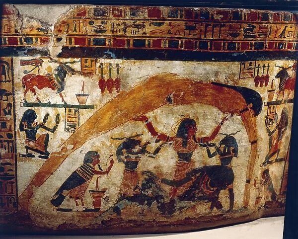 Egypt, Thebes, Detail from Anthropoid sarcophagus of Butehamon (royal scribe of the Theban Necropolis) depicting the world creation, third intermediate period, twenty-first dynasty, painted and varnished wood