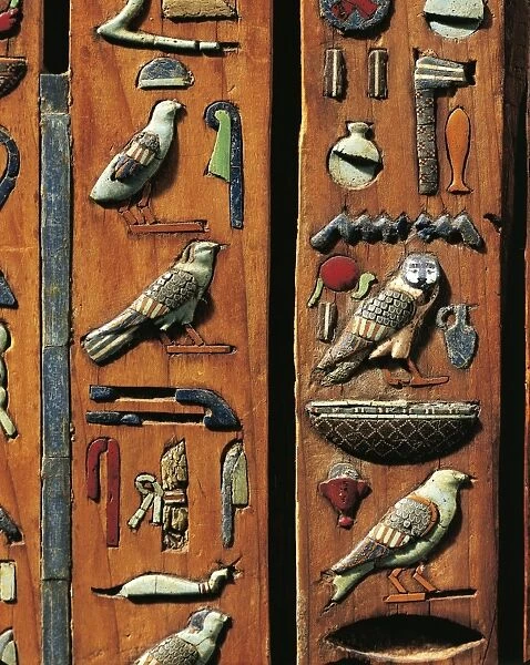 Egypt, Tuna el-Gebel, Necropolis of Hermopolis, Detail of Cover of the wooden sarcophagus of Zedthotefankh (brother of Petosiris, the high priest of Thoth), glass paste hieroglyphs, late period