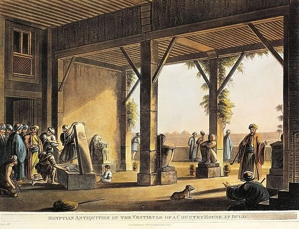 Egyptian antiquities in the yard of a Boulaq house from Views in Egypt by Luigi Mayer, engraving, 1804