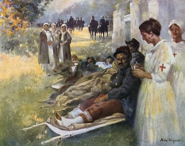 First Aid : Wounded soldier and his nurse at a dressing station during World War I in France