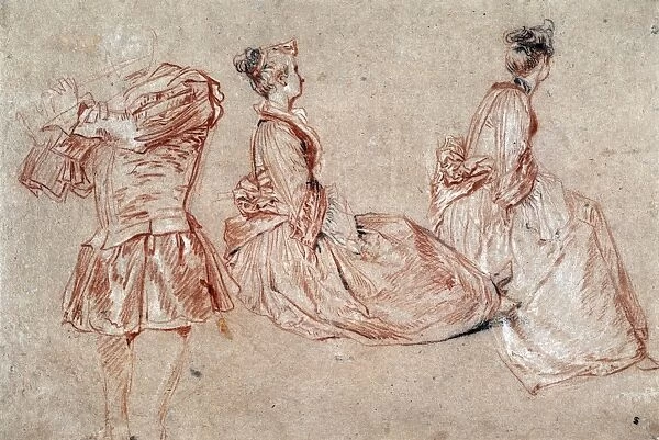A Flautist and Two Women Study in red chalk. Jean-Antoine Watteau (1684-1721)