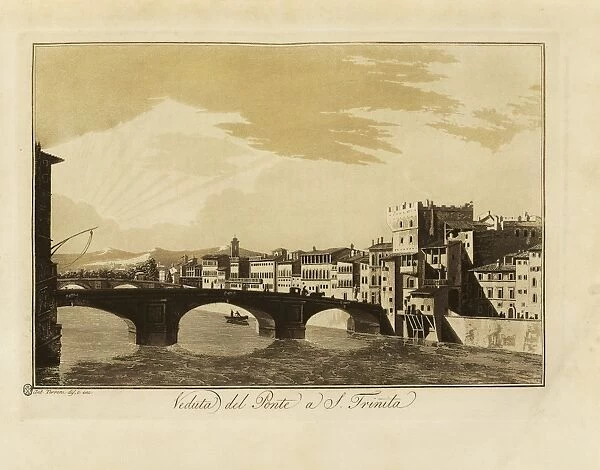 Florence, View of Blessed Trinity Bridge, by Giuseppe Pera from drawing by Antonio Terreni, 1801, aquatint