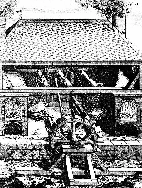Forge with bellows driven by an undershot water wheel through cranks. From Georg