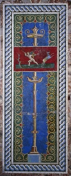 Fourth style mosaic of wall panel depicting candelabrum and hunting putto, surrounded by braided motifs, from Pompei