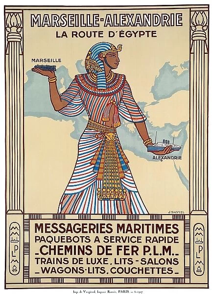 France  /  Egypt: Advertising poster for Marseille-Alexandrie - La Route d'Egypte'(Marseilles to Alexandria - the Way to Egypt'. Messageries Maritimes and Chemins de Fer PLM. J. Daviel, Paris, 1927)