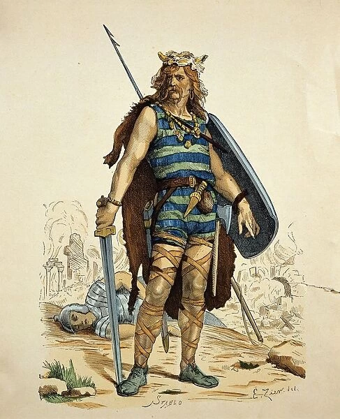 France, Paris, Frankish warrior by V. Stablo, engraving