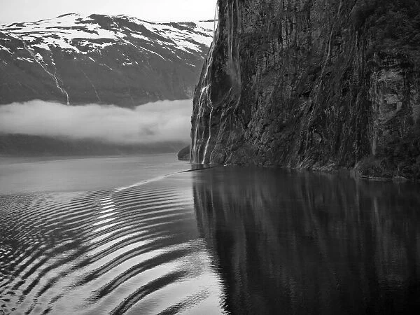 Geiranger Fjord in Norway, misty dawn