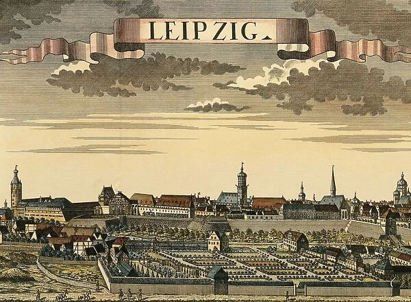 Germany, Leipzig, View of the city, color engraving
