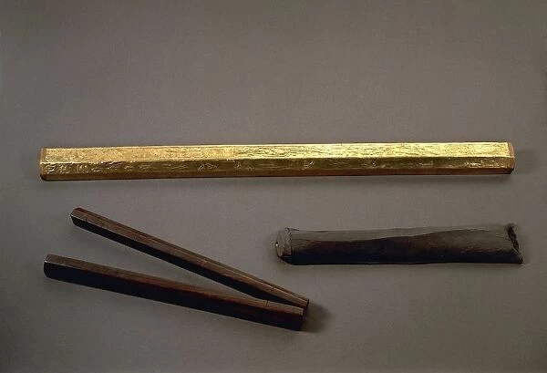 Gilded wood cubit, gift of the pharaoh Amenhotep III, and wooden folding cubit with leather case from the tomb of Kha at Deir el Medina, New Kingdom, Dynasty XVIII, Egyptian civilization