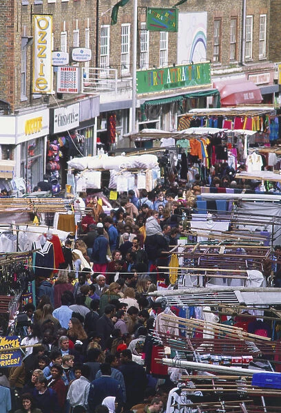 Great Britain, England, London, Petticoat Lane Market, street stalls, elevated view