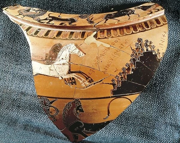 Greece, Athens, Fragment of attic black-figure pottery depicting scenes of sport support, circa. 570 B. C
