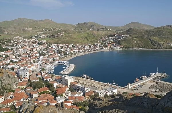 Greece, Lemnos island, Myrina, elevated view of town and harbour