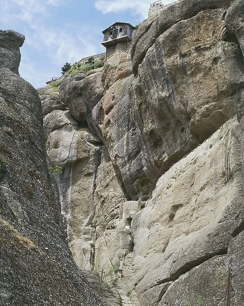 Greece, Thessaly, Meteora, Varlaam Monastery, low angle view