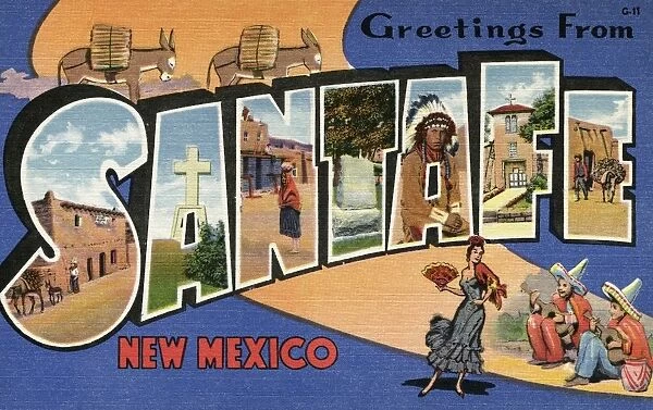 Greeting Card from Santa Fe, New Mexico. ca. 1937, Santa Fe, New Mexico, USA, SANTA FE CITY OF THE HOLY FAITH END OF THE SANTA FE TRAIL. The very name spells history and romance. Along the quaint and narrow streets linger echoes of the Conquistadores, shouts of roistering wagon trainmen, safe from their journeys across plains infested with warring Indians, clicking castanets and tapping heels of dancing Senoritas, the quiet voices of the Friars who followed the flag of Spain. Today colorful Indians from nearby Pueblos, quaint architecture, the soft sound of spoken Spanish all intrigue the present day visitor
