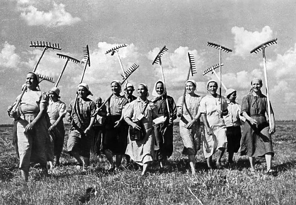 A group of women farmers of the klishevo collective farm replace the men who have left for the front during world war ll, 1940s