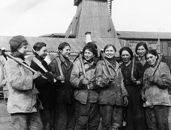 A group of young women who work in the krasnaya gornyachka mines near chelyabinsk, they have taken the place of their husbands and brothers who are soldiers that are fighting at the front, world war 2