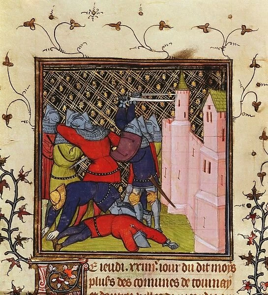 Hand-to-hand fighting with swords in defence of a castle. 14th century manuscript