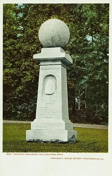 Haystack Monument, Williamstown, Mass. Postcard. 1904, The monument mounts a globe three feet in diameter and proclaims, The Field is the World. Beneath this inscription is a similitude of the haystack and the names of the five students who sought its shelter while in prayer