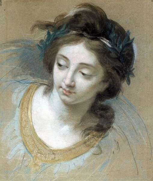 Head of a Woman 1780. Study in charcoal and coloured chalk on blue paper for
