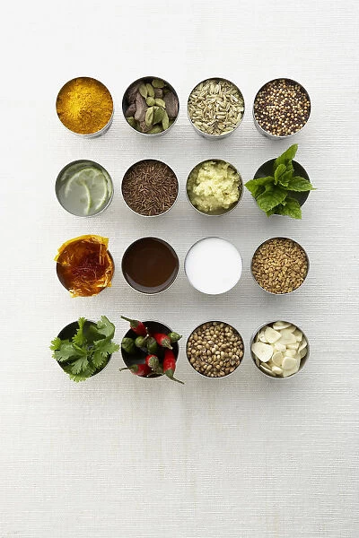 Herbs, spices and sauces in bowls