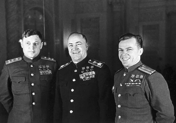 Heroes of the soviet union (l to r): soviet flying ace, a, pokryshkin, marshall of the soviet union g, zhukov, and ace pilot i, kozhedub, moscow, ussr, june 1945