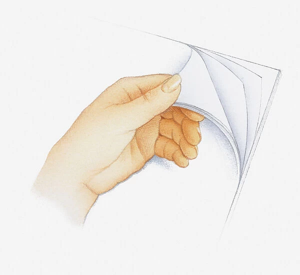Illustration of hand flicking edges of paper, close-up