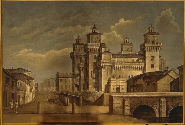 Italy, Emilia Romagna Region, Ferrara, Castello Estense (Estense Castle), Hall of Emblems, View of Ferrara and its castle, fresco, 1857