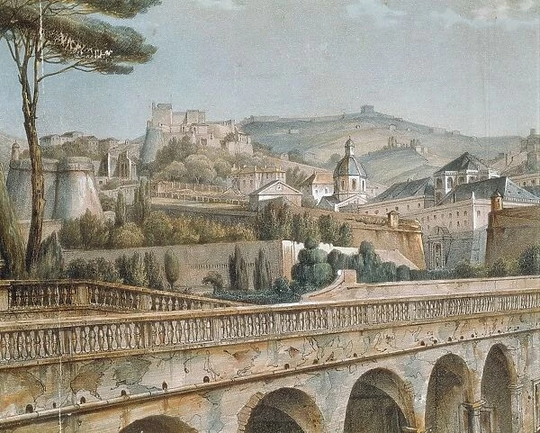 Italy, Genoa, View of Genoa from Palace of Prince Doria by Aulaire, Coloured lithograph