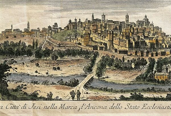Italy, Jesi, View of the town in the Marche of Ancona, color engraving