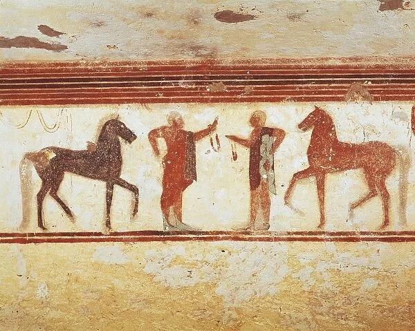 Italy, Latium region, Tarquinia, Etruscan Necropolis, Tomb of Baron, fresco depicting exchange of gifts between two knights