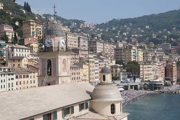 ITALY, Liguria, Camogli, church roof with views of Camogli beach & waterfront
